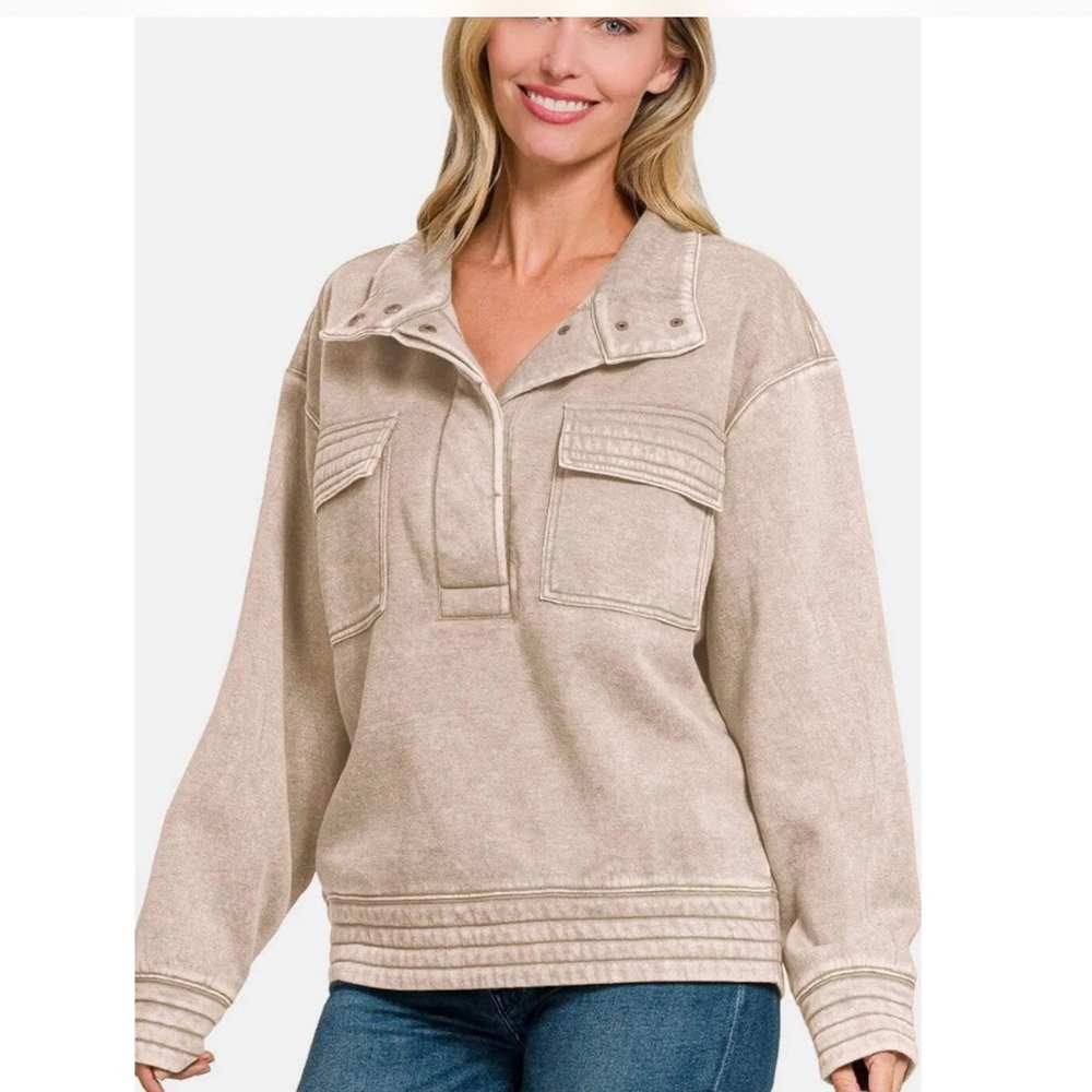 NEW IN POLY BAG Zenana Acid Washed Latte Colored 1/2 Snap Sweatshirt MEDIUM